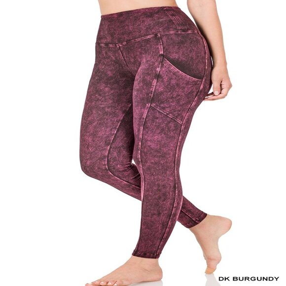 ZENANA MINERAL WASH WIDE WAISTBAND FULL LENGTH LEGGINGS W/POCKETS BURGUNDY S-XL - Picture 1 of 2